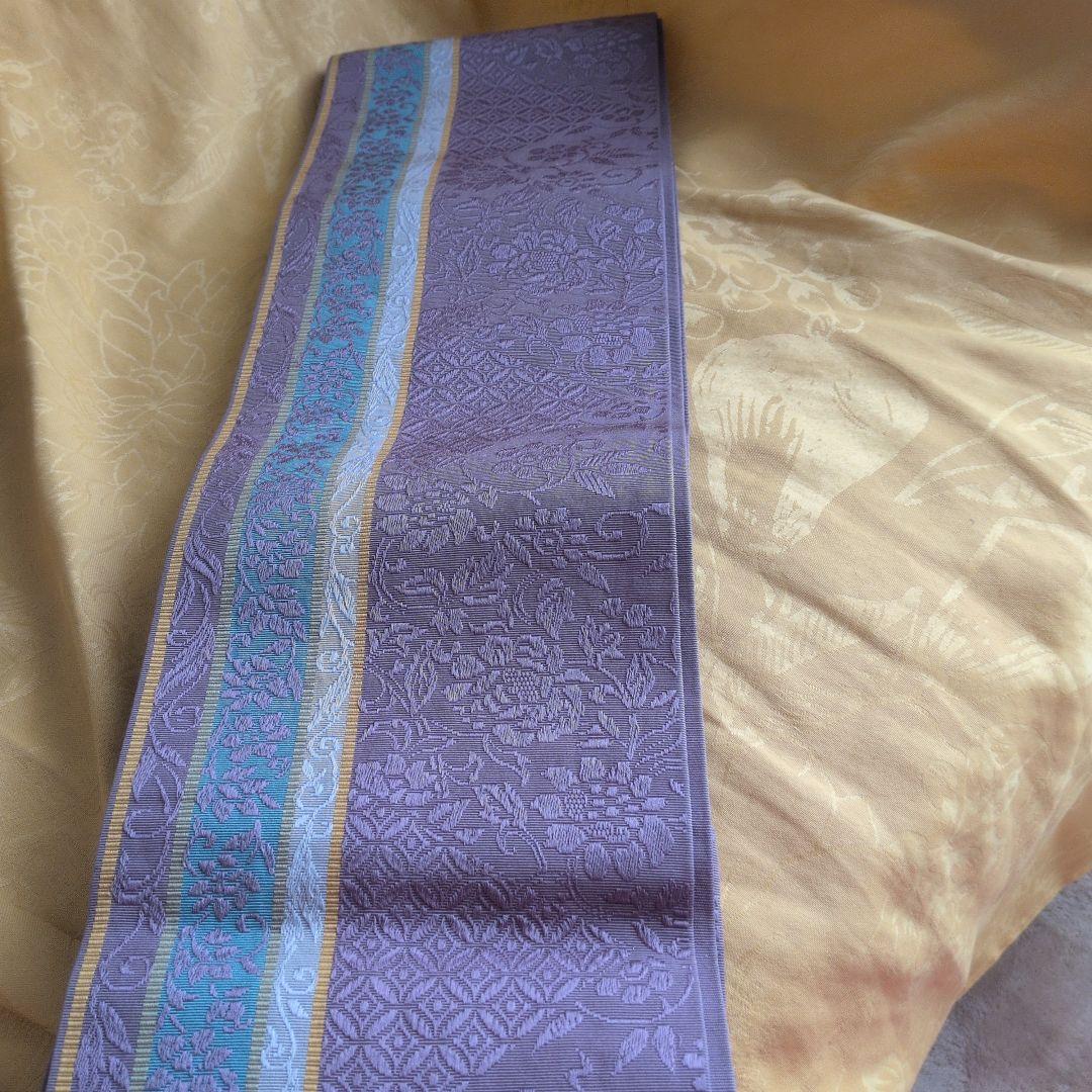 ふわり本場筑前博多織　半幅帯　小袋帯　灰紫　花唐草模様　織り出し　正絹