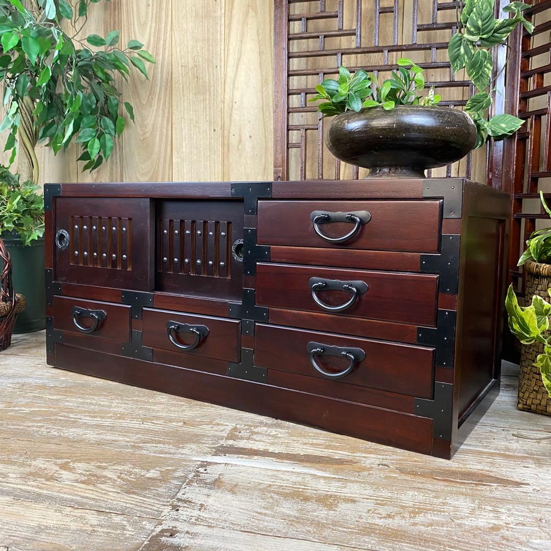 訳あり品！【136】民芸家具桐材天然無垢和引き戸付きチェスト横長テレビ台飾り棚