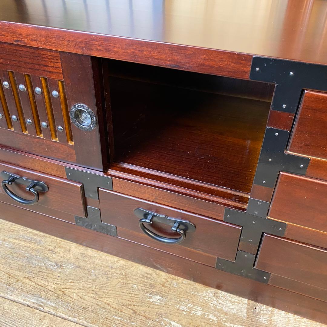 訳あり品！【136】民芸家具桐材天然無垢和引き戸付きチェスト横長テレビ台飾り棚