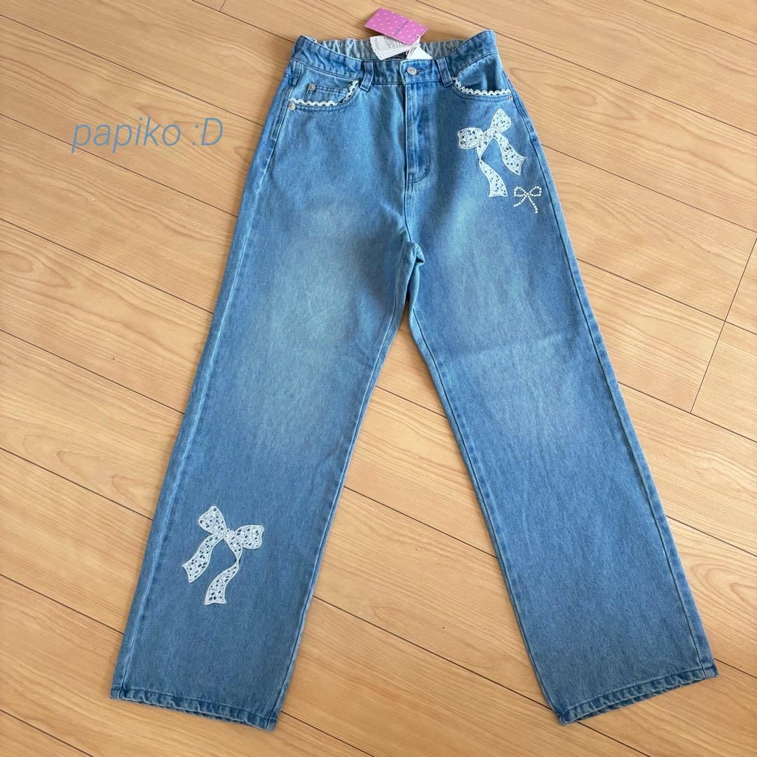 新品 mezzo piano ニコ☆プチ掲載 ワイドデニム 160 レースリボン