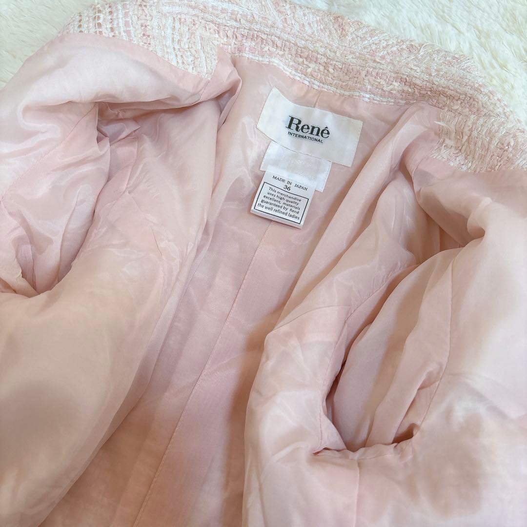 人気☆ルネ TISSUE ミックスツイード ジャケット　ビジューボタン ピンク