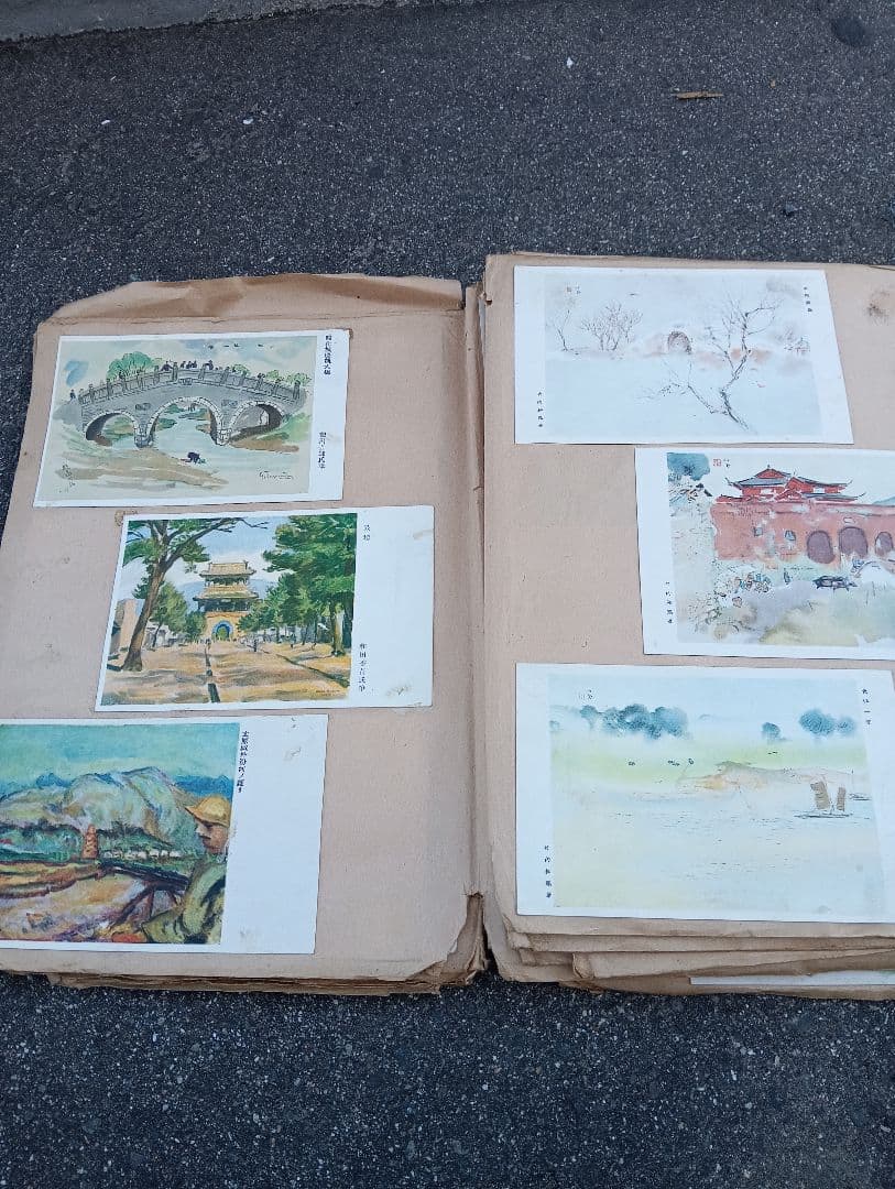 満州の古い絵葉書、１６６枚、スクラップに貼り付け、戦前、軍人、戦争