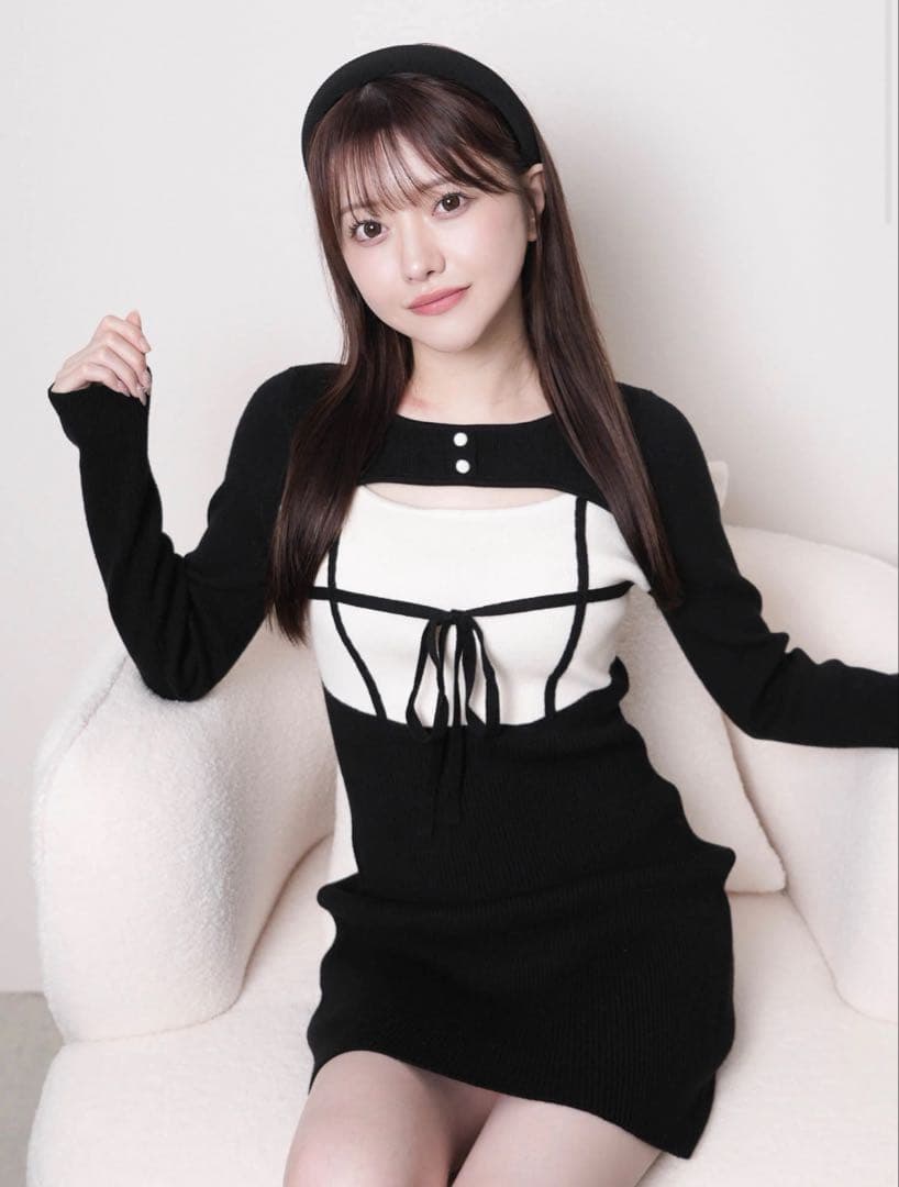 LIP SERVICE デコルテオープンバイカラーリボンニットワンピース 黒