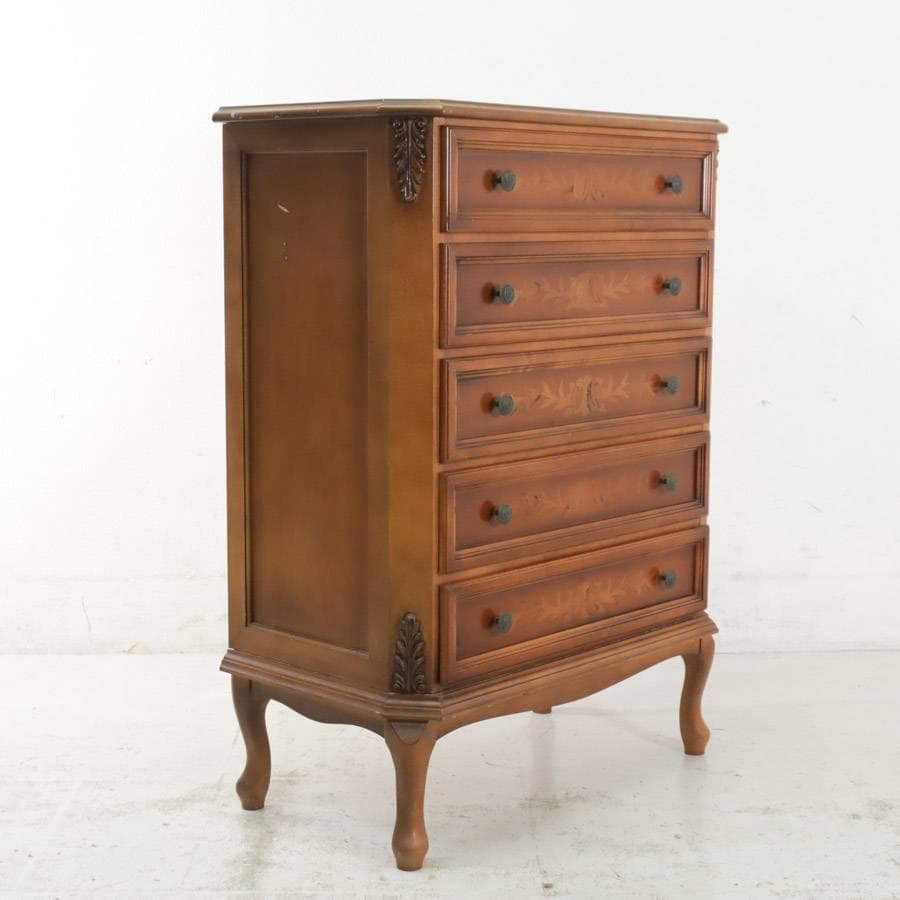 イタリア製 象嵌装飾 猫脚 5段チェスト 引き出し タンス クラシカル家具