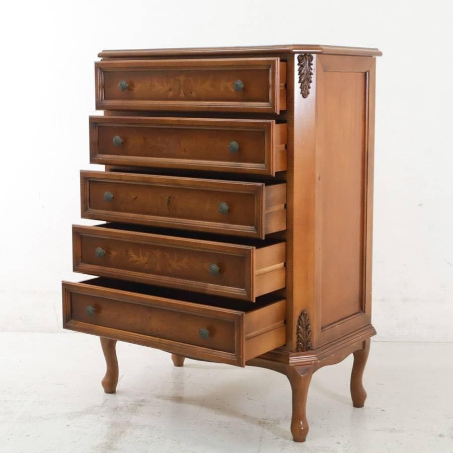 イタリア製 象嵌装飾 猫脚 5段チェスト 引き出し タンス クラシカル家具