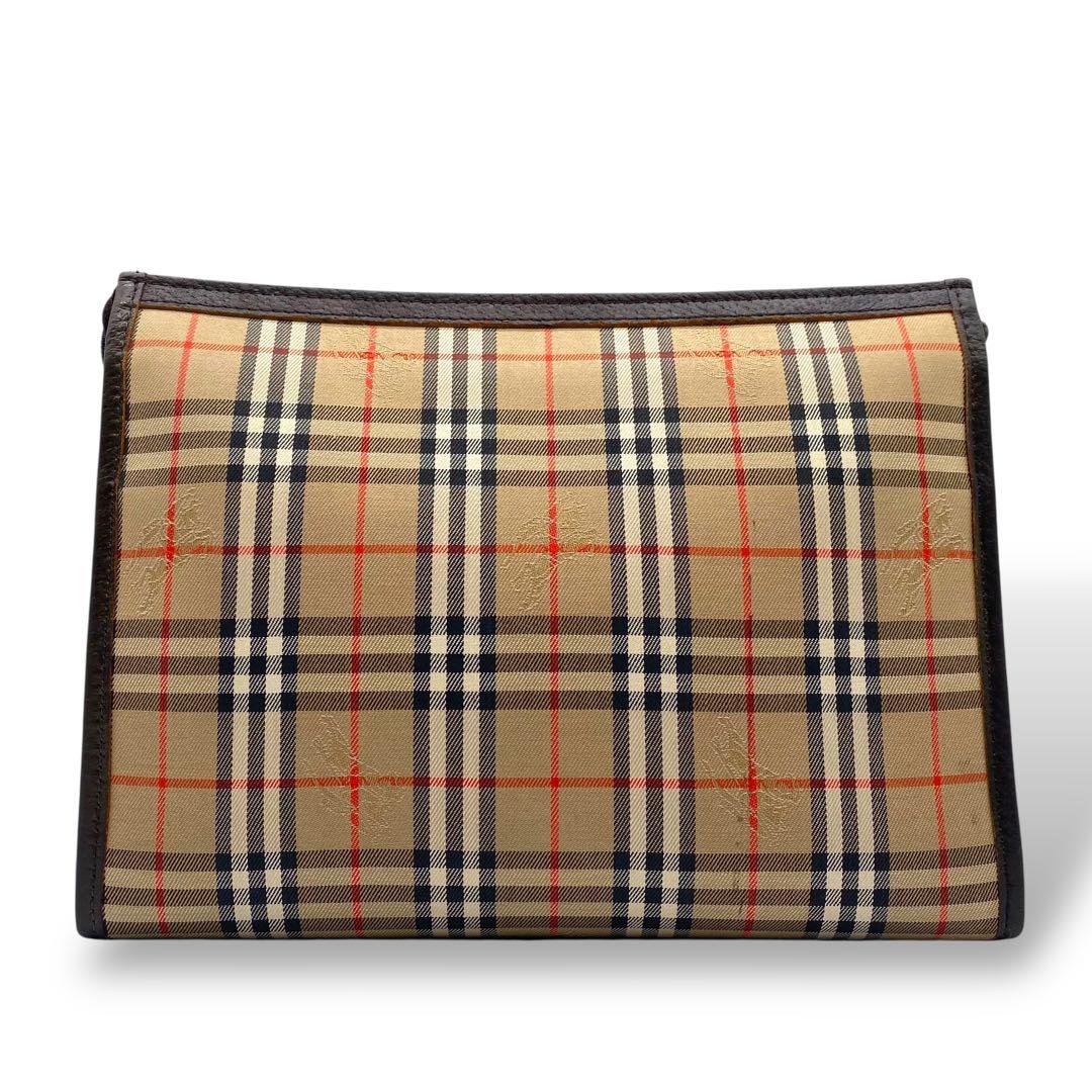 【良品】バーバリー クラッチバッグ ノバチェック キャンバス レザー ブラウン