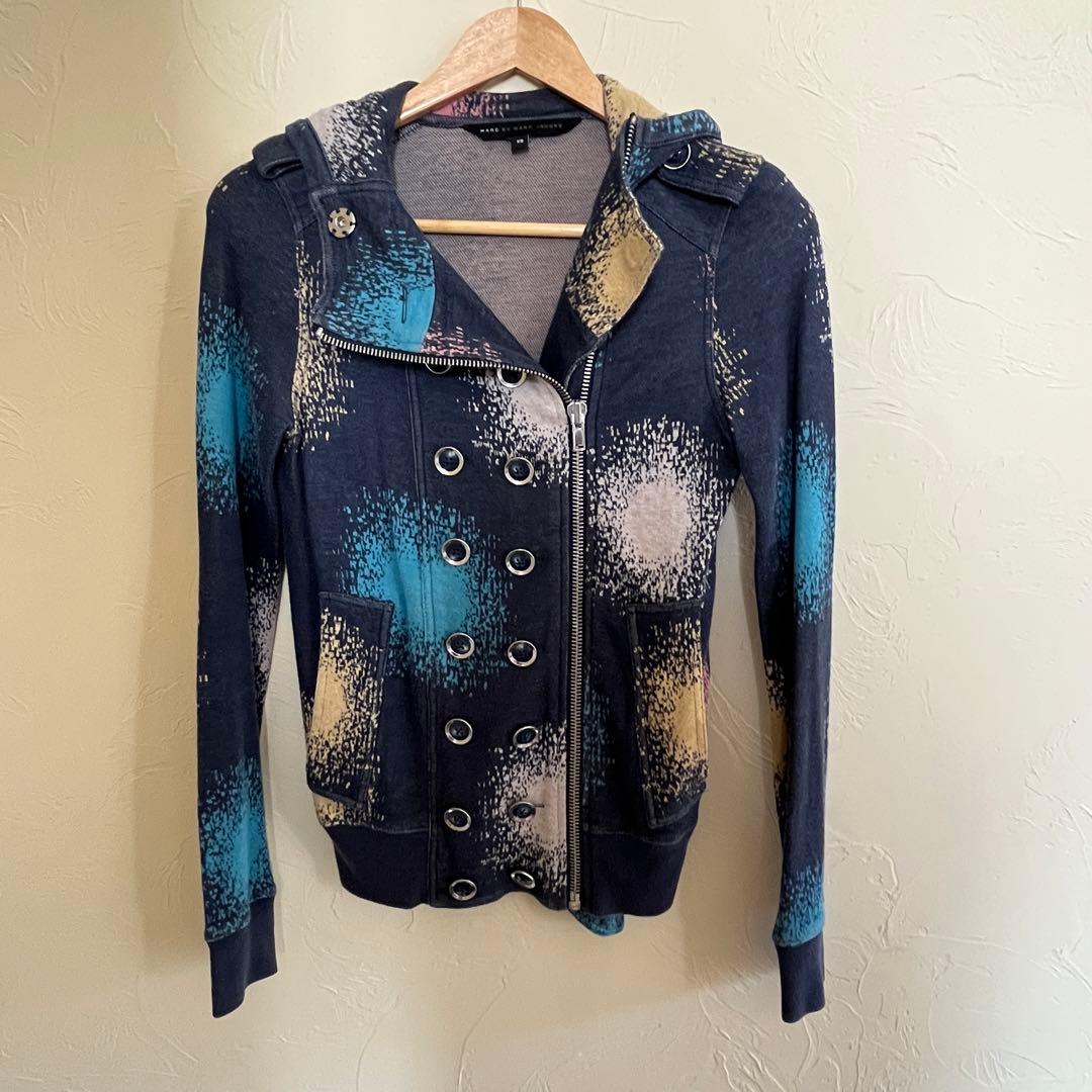 マークジェイコブス パーカー XS ライダース風 総柄 ⭐️ 個性的　ブルー系