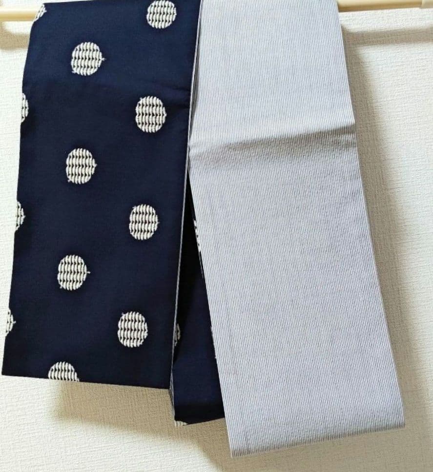 半幅帯紺色ドット柄刺繍ストライプ柄水玉模様リバーシブル着物浴衣帯ネイビーホワイト