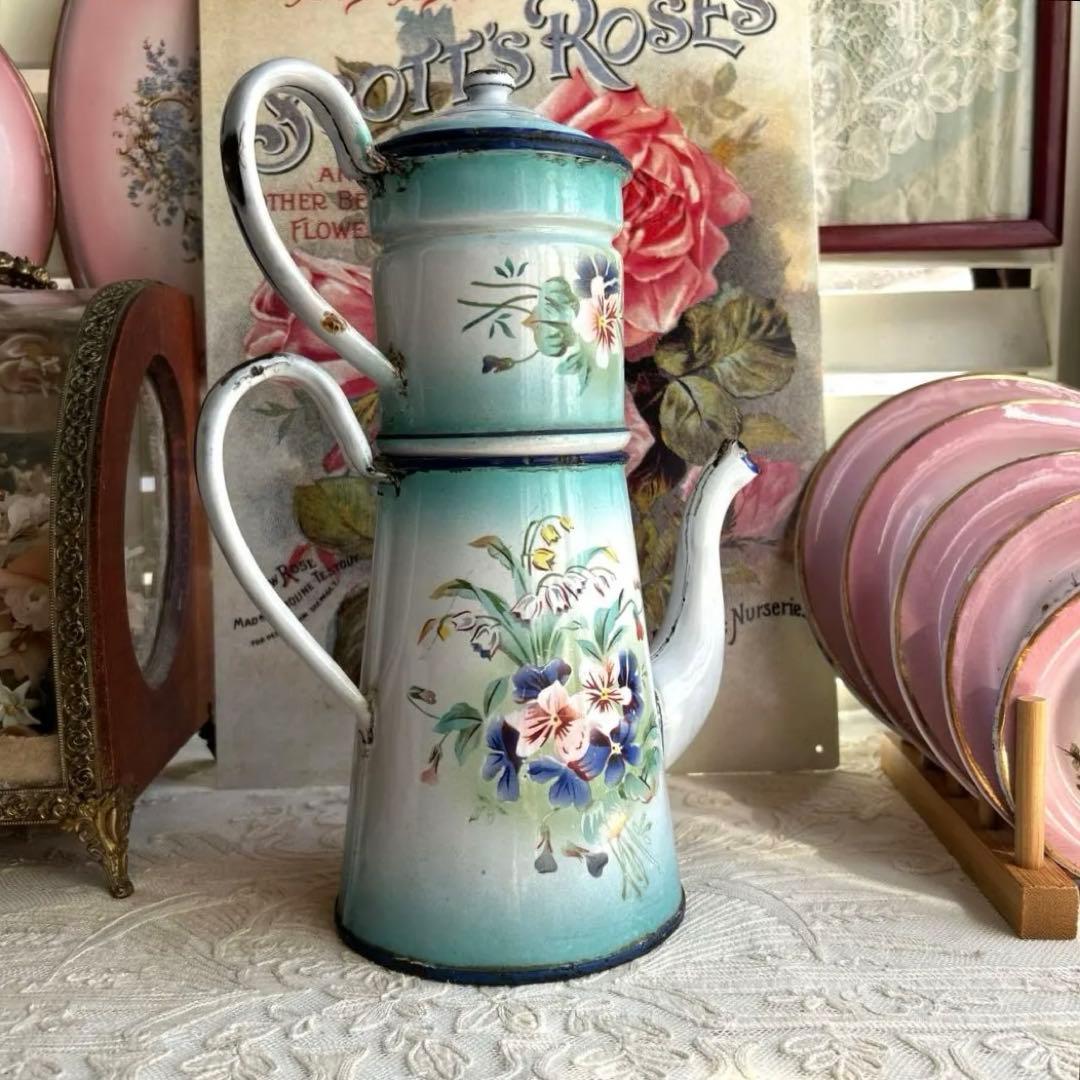 フランスアンティーク　japy スズランとビオラのコーヒーポット