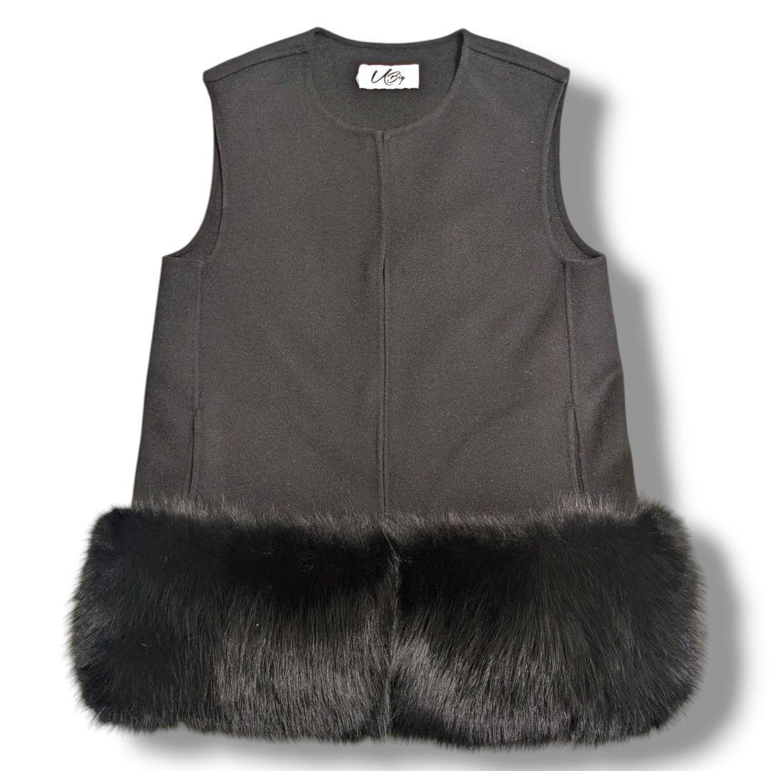 【美品】u-big 石井毛皮 ベスト ジレ ボリューム フォックスファー L 黒