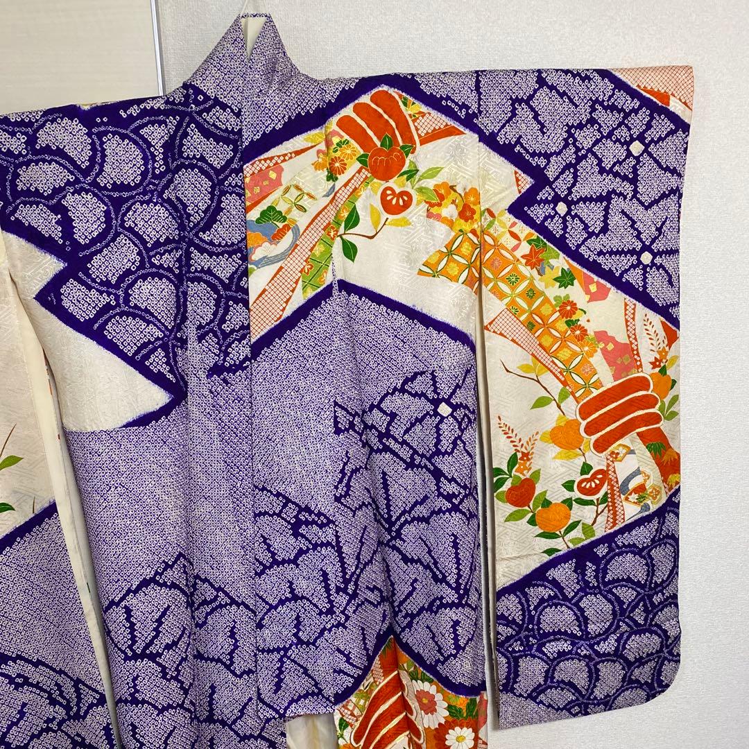 振袖　長襦袢　袋帯　3点セット　紺色　紫　有松絞り　鹿の子絞り　金駒刺繍　金彩