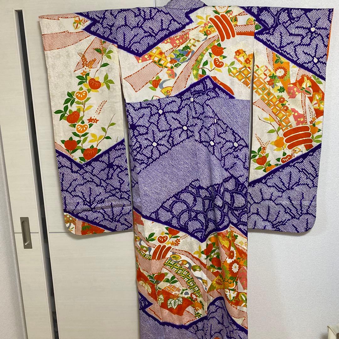 振袖　長襦袢　袋帯　3点セット　紺色　紫　有松絞り　鹿の子絞り　金駒刺繍　金彩