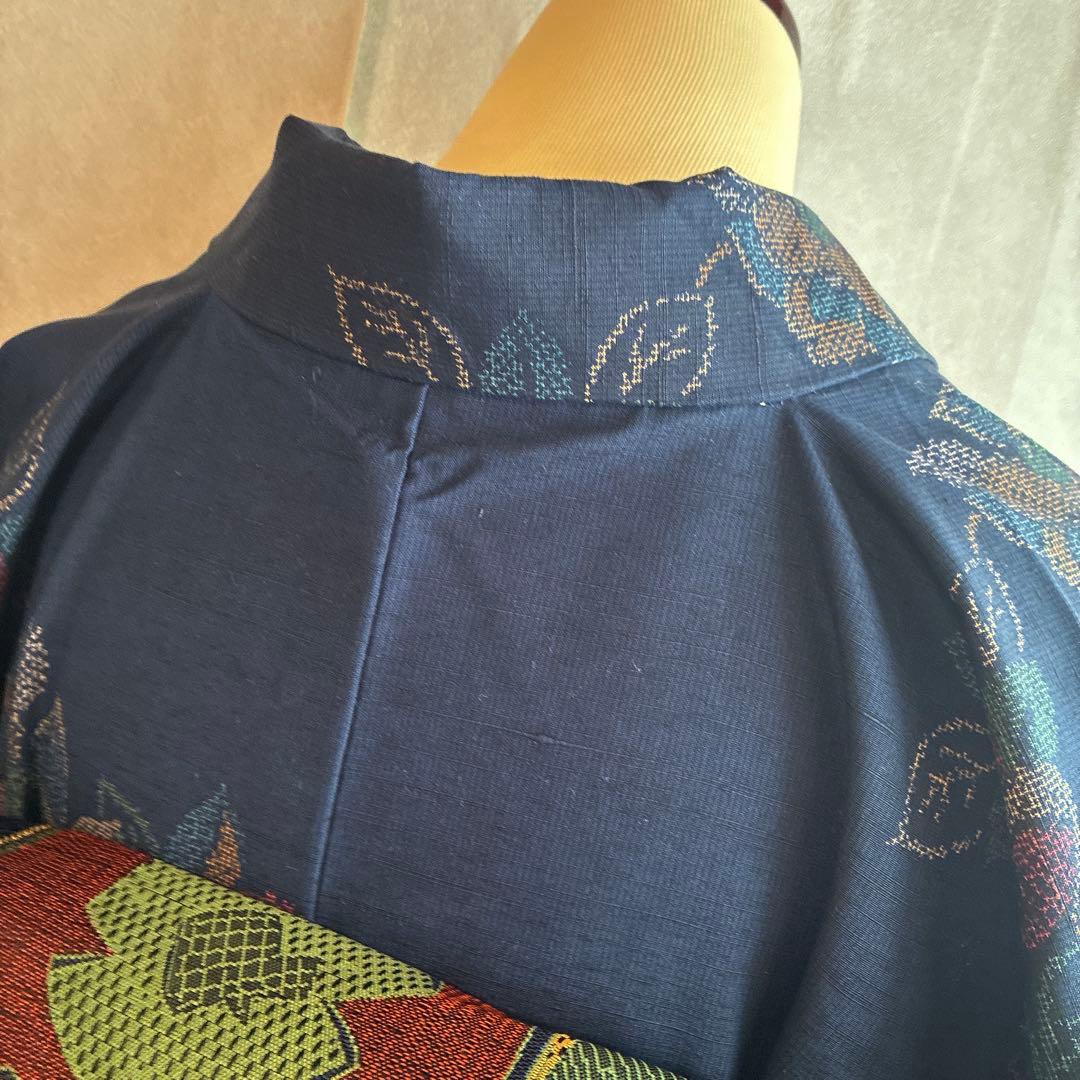 小紋　フルセット　着物　紬　正絹　紺色　大人花紬　G7