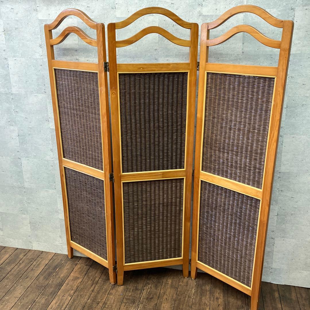 昭和レトロ エスニック 木製 3連 ラタンパーテーション 間仕切り 仕切り
