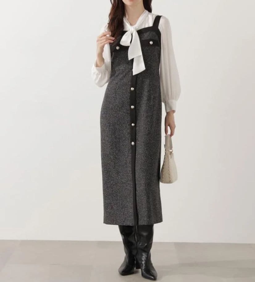 プロポーションボディドレッシング　ツイードロングジャンスカ　グレー×ブラック