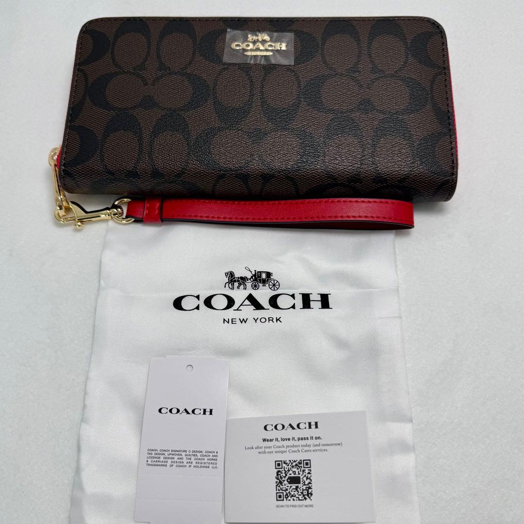【新品】COACH 長財布 ブラウン/レッド 保存袋付き