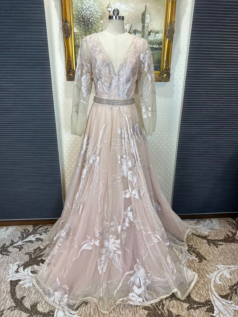 JOVANI☆ベージュピンクVネック 長袖 パーティードレス