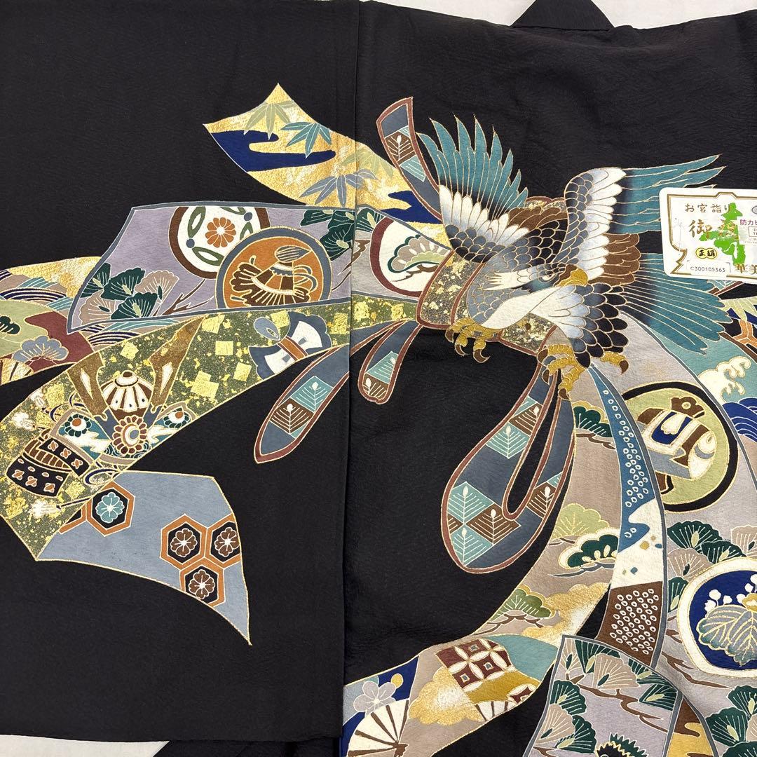 新品「最高級品」男子正絹産着祝着京友禅大鷹多色手描き染、特選豪華盛金祝い熨斗文
