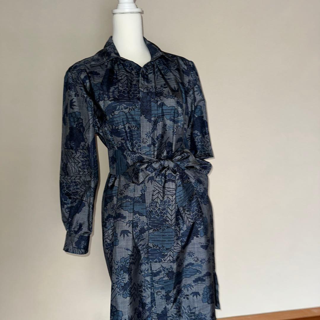 大島紬ネイビー系柄物ビックシャツワンピース　シルク100% XLサイズ未使用着物