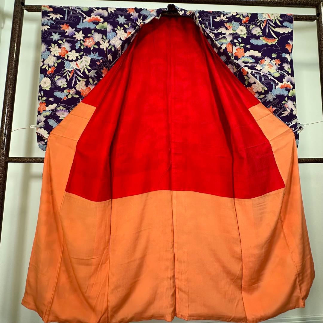 超美品　袷　絹　着物　アンティーク　小紋　145 紫　薄紫　ちりめん　レトロ