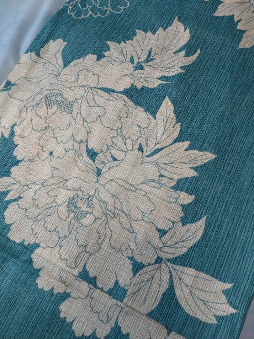✿新品未使用　綿麻浴衣　ターコイズブルー　高級浴衣　碧色　牡丹　夏着物