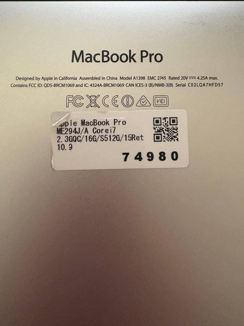 Apple MacBook Pro 16G/S512G 15インチ