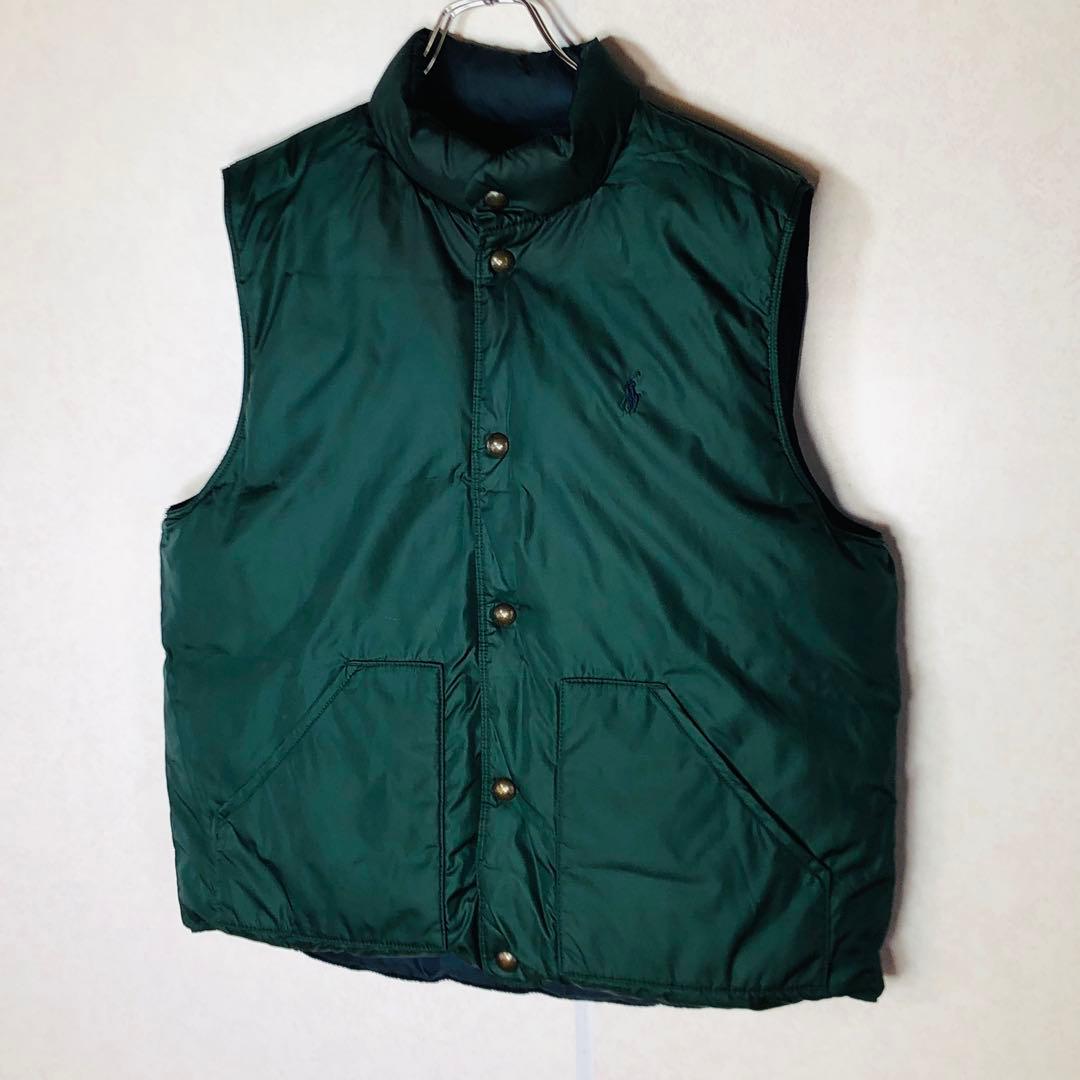 【人気リバーシブルダウン】ラルフローレン ダウンベスト 刺繍ロゴ ネイビー 緑紺