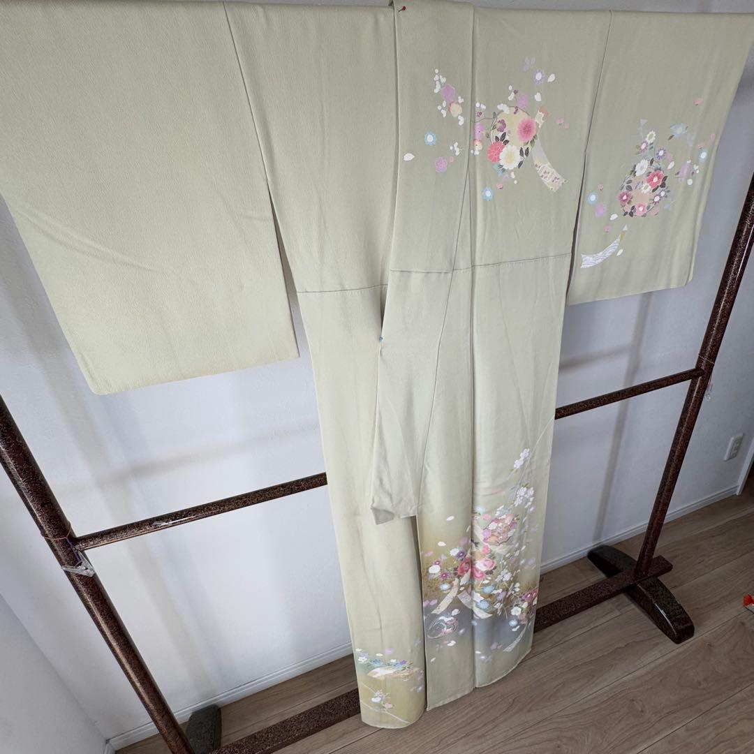 超美品　正絹　袷　現代　正統派　訪問着　着物　 163 黄緑　鶯色　手書き　上品