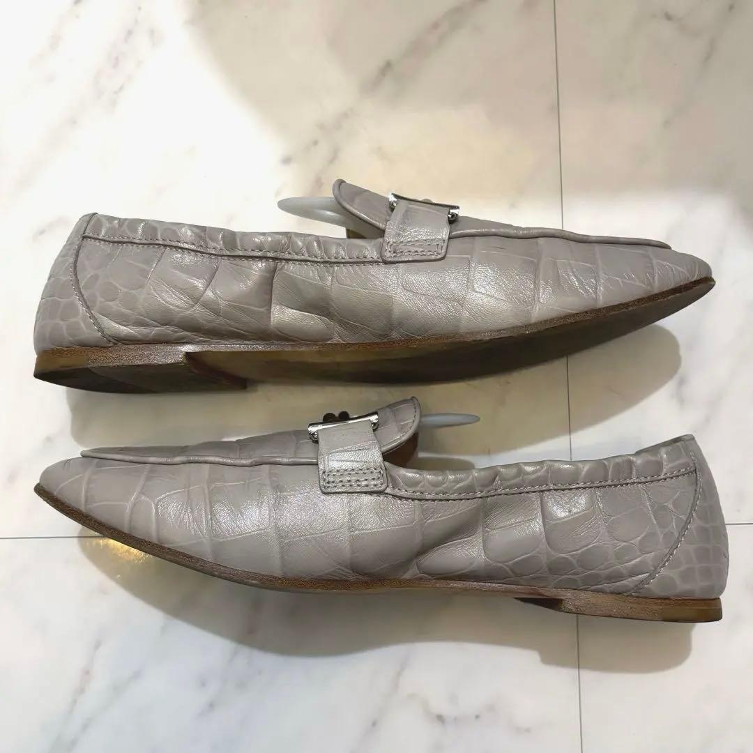 【美品】TOD'S ローファーダブルT(シルバー)クロコ型押し38.5