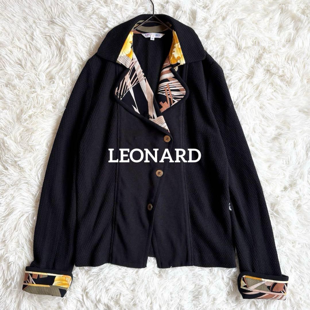 レオナール　テーラードジャケット　花柄　トリム　黒　42 大きいサイズ　金ボタン