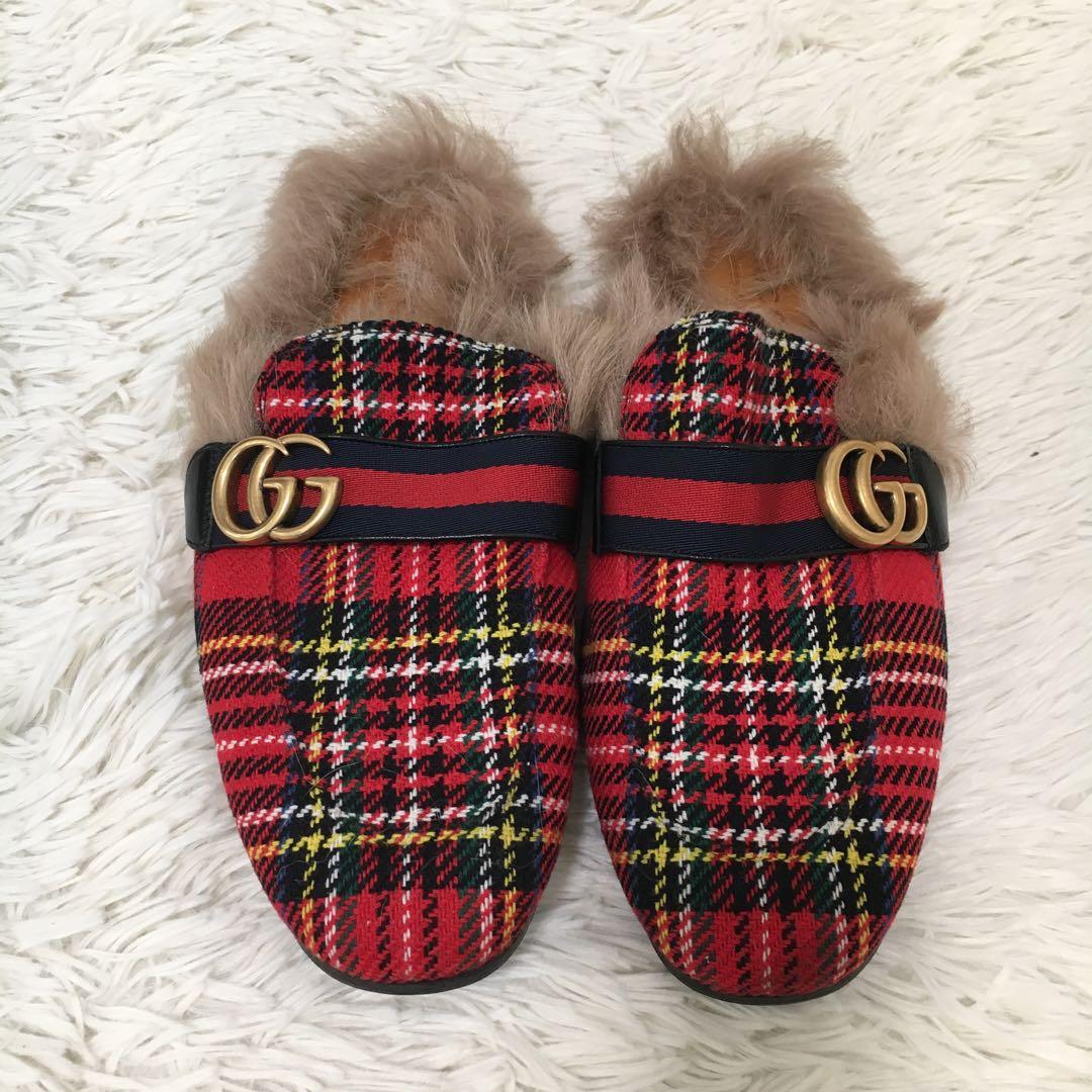 【美品】 グッチ サンダル 27cm相当 チェック柄 ファー付き マーモント
