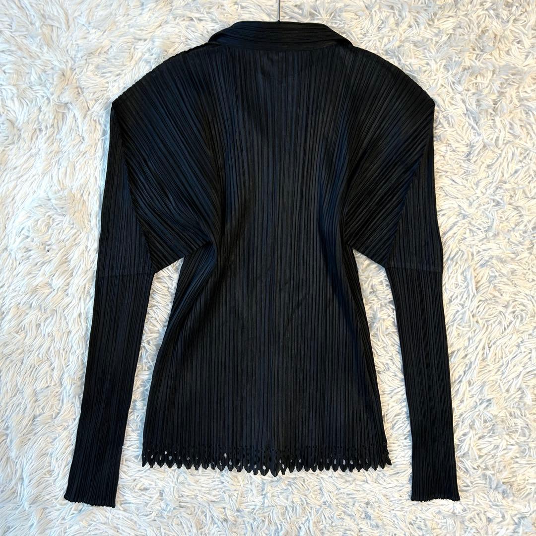 プリーツプリーズ イッセイミヤケ 長袖ブラウス シャツ スカラップ裾 ブラック