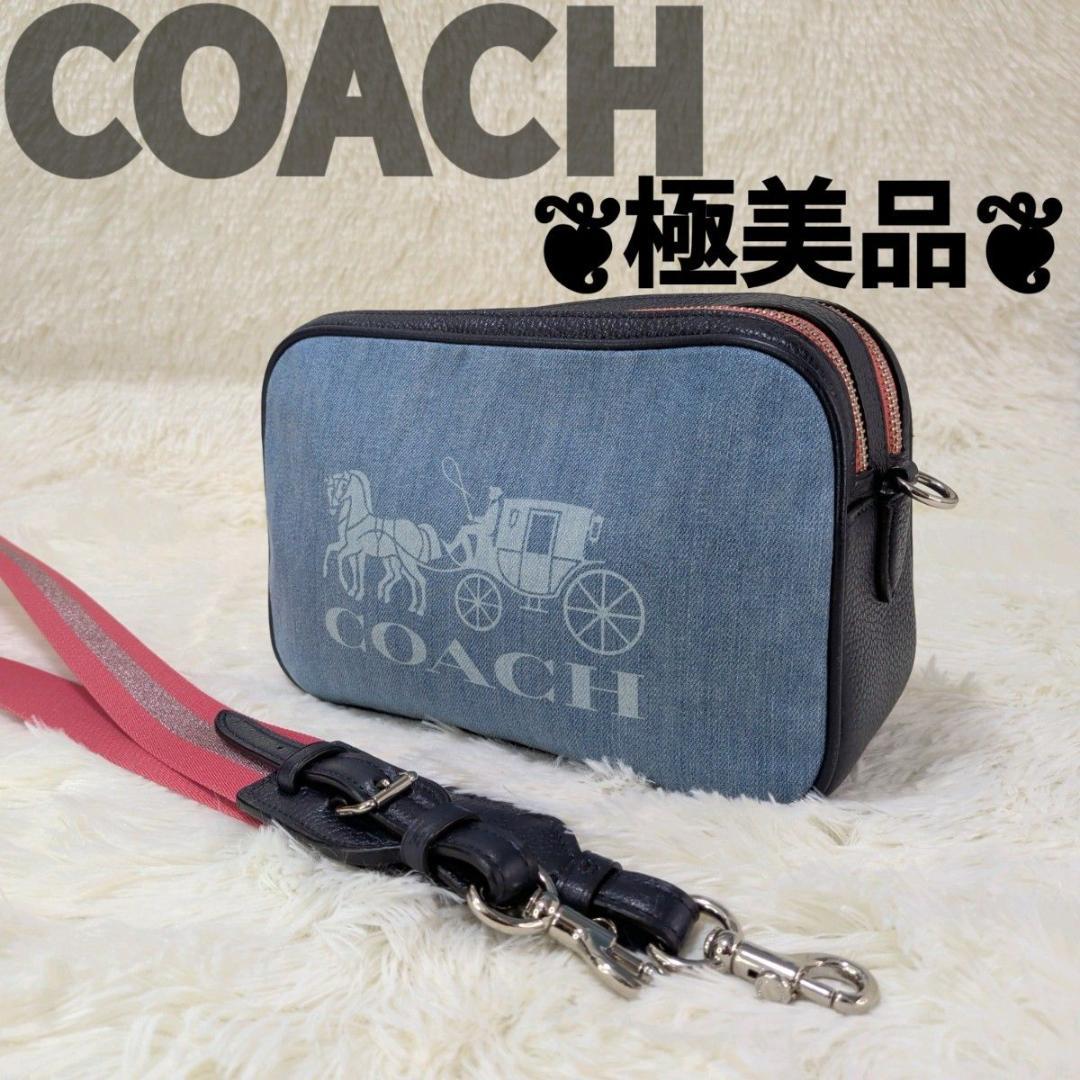 極美品　COACH 　デニム　ショルダーバッグ　カメラバッグ ネイビー レザー