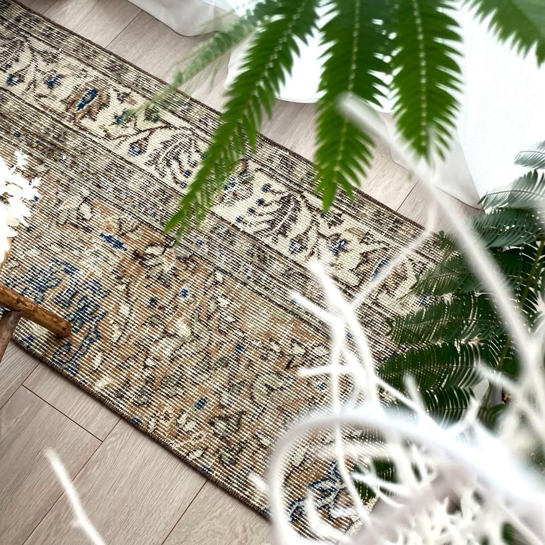 48×211ランナー　淡ブラウン　ブルー　ラインホワイト　トルコヴィンテージラグ