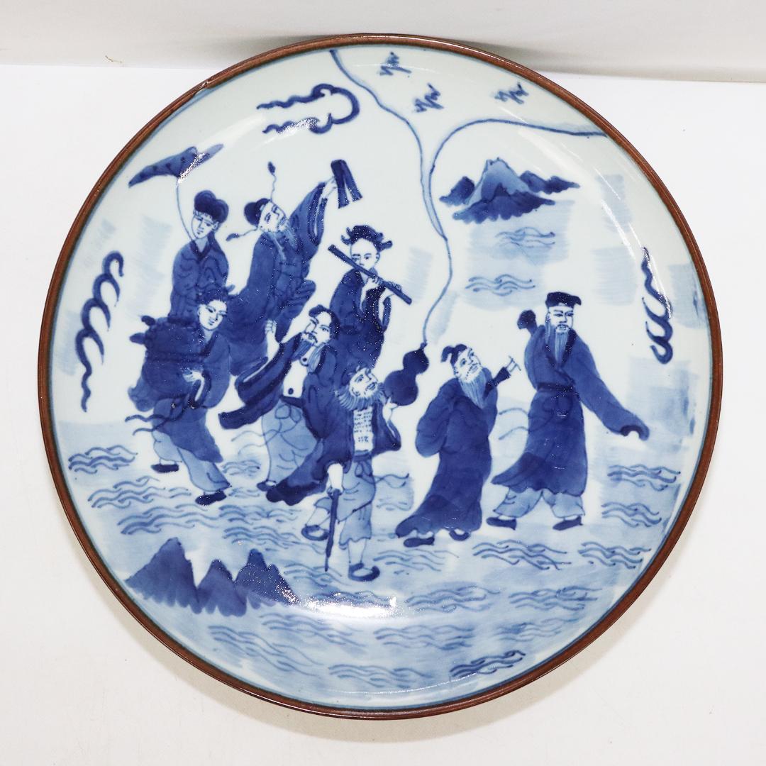 中国古玩 大明萬暦年製 取皿 山水人物図 染付青磁