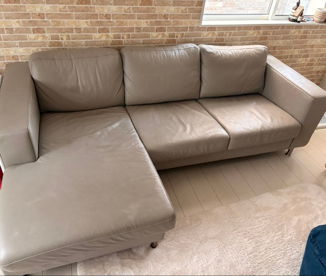 L字型レザーソファ グレー 3人掛け