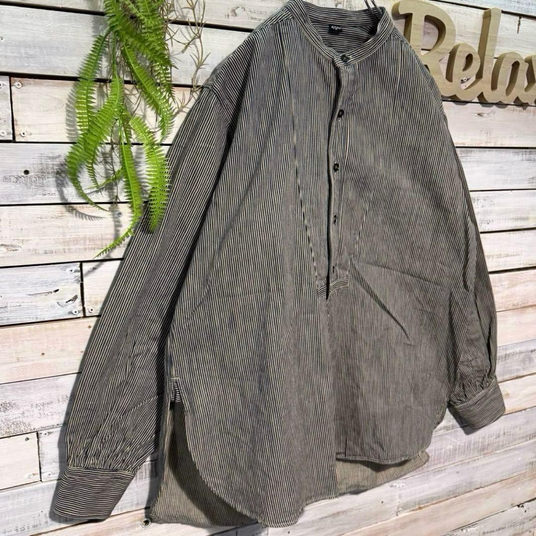 45R インディゴ染 バンドカラーシャツ ストライプ ヒッコリー 刺繍