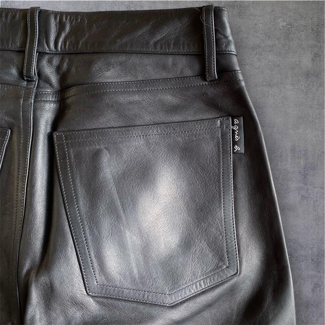 【極美品】agnes b アニエスベー　レザーパンツ　牛革　フランス製　ブラック