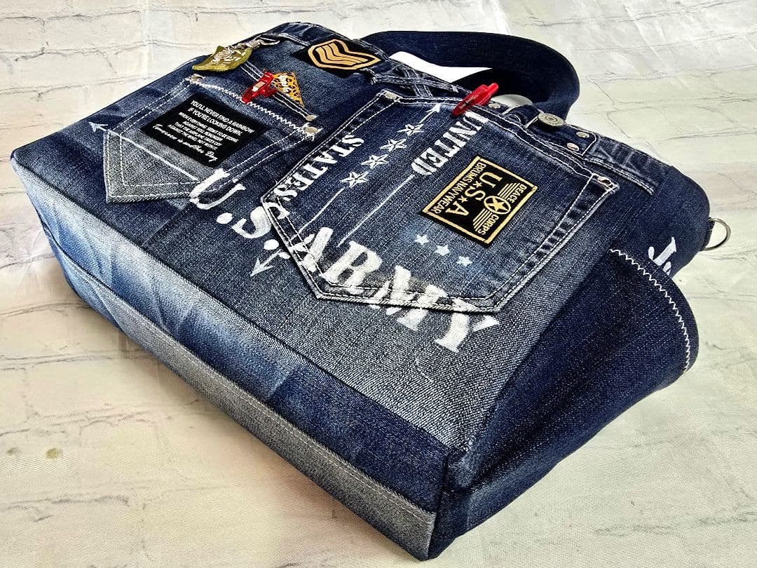 デニムリメイク 大きめ トートバッグ ❀サコッシュ❀ 底板付き