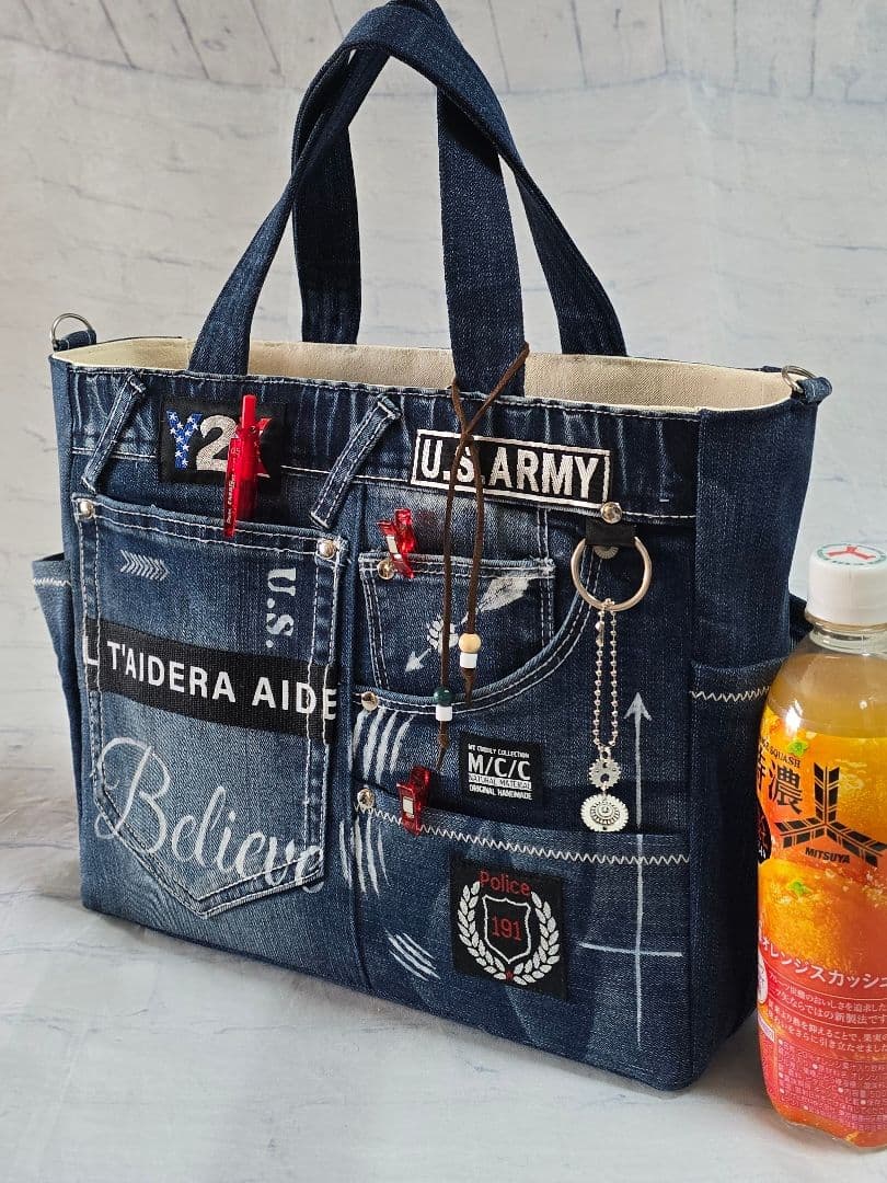 デニムリメイク 大きめ トートバッグ ❀サコッシュ❀ 底板付き