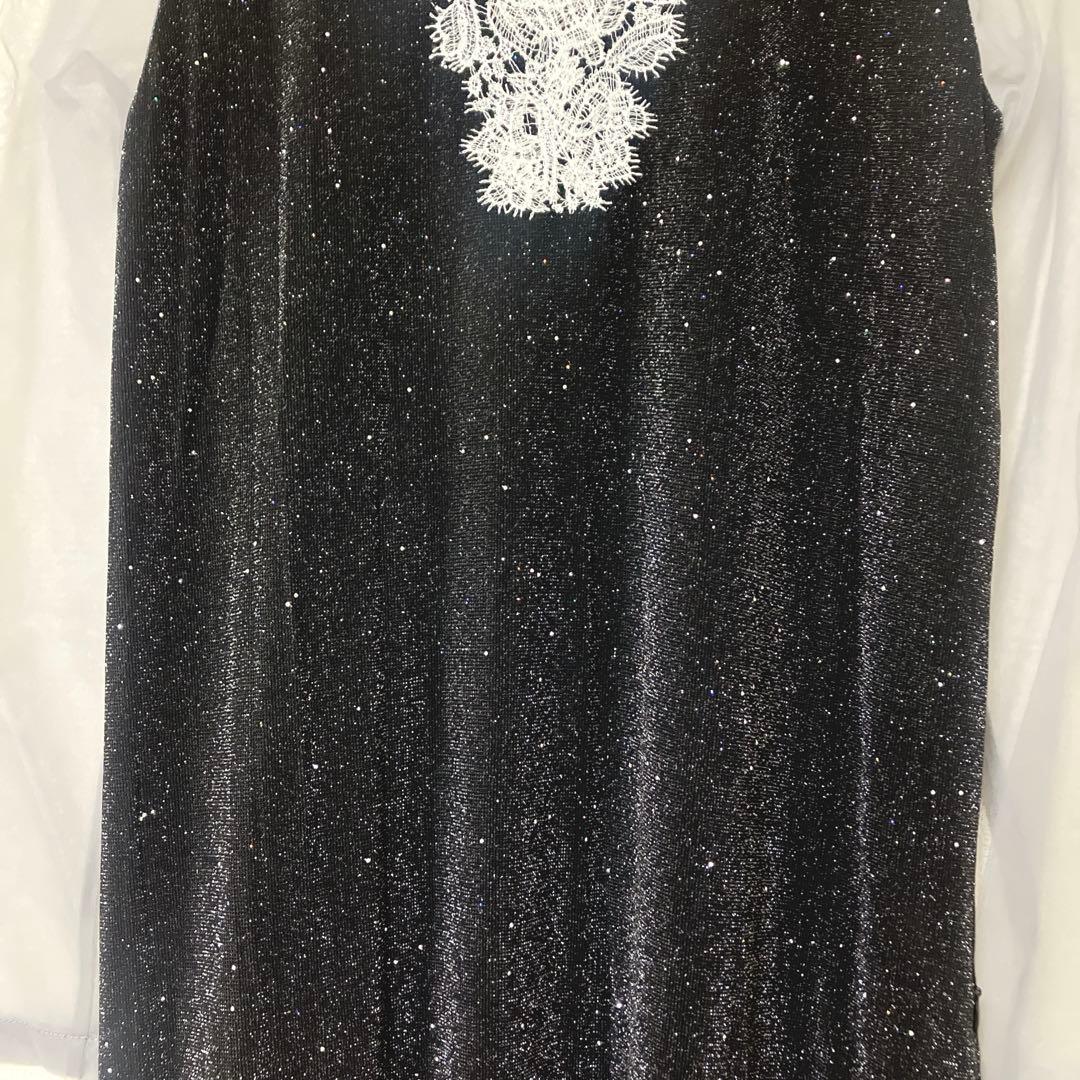 美品　レジャ　レースネック透け袖スリットキラキラロングドレスワンピース