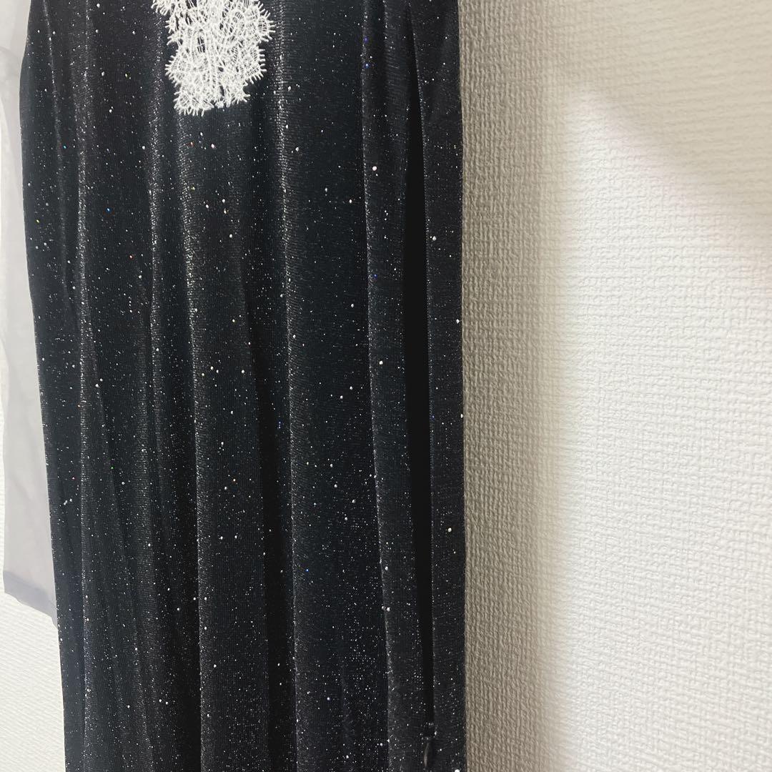 美品　レジャ　レースネック透け袖スリットキラキラロングドレスワンピース