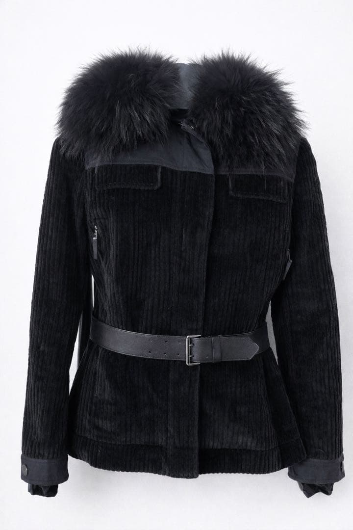 【細身S相当】PRADA ファー付コーデュロイジャケット ベルト付 ブラック
