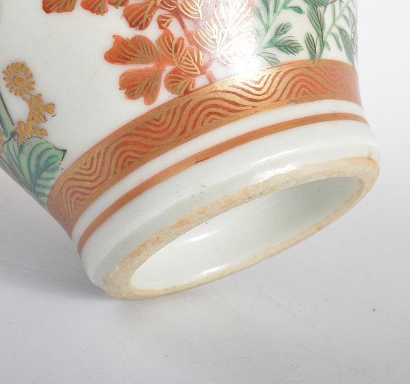 りの　九谷焼　清雅堂造　青粒　色絵秋草図　花瓶　共箱 M R4217