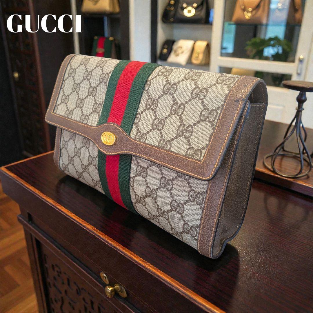 GUCCI シェリーライン GG クラッチバッグ ブラウン レザー ロゴ