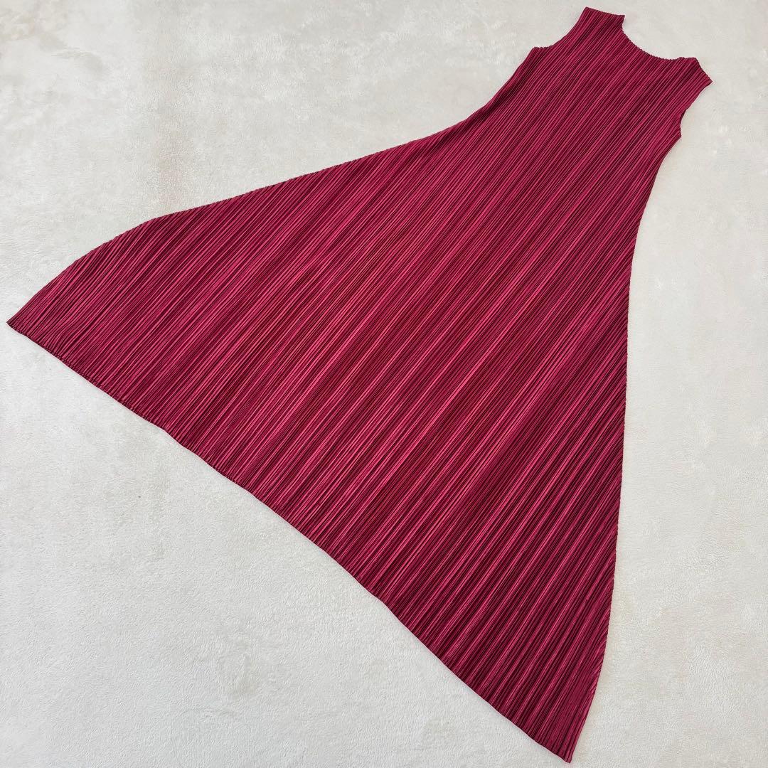 極美品✨PLEATS PLEASE ロングワンピース　ワインレッド　フレア