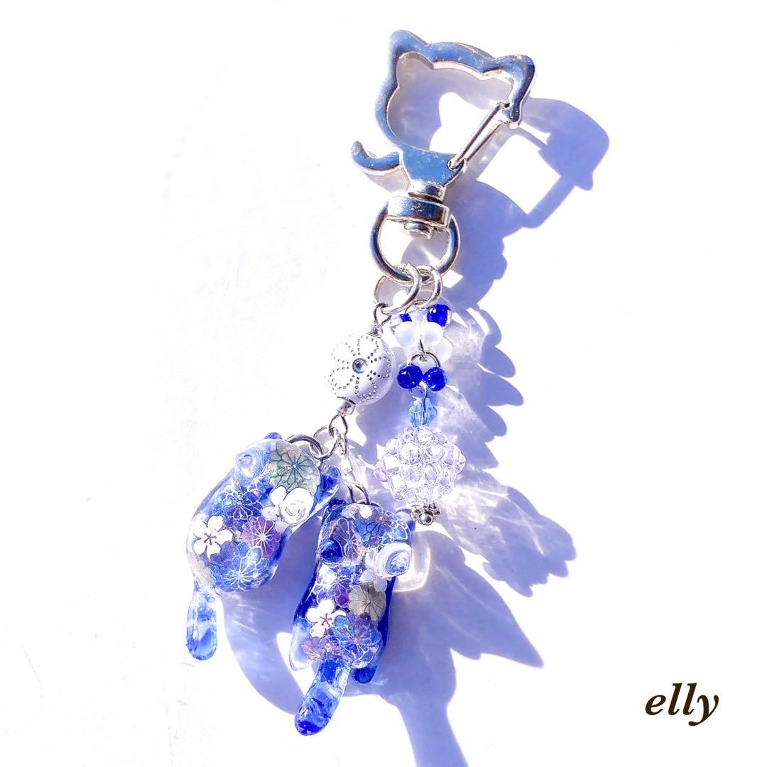 【ヒイラギ様】1092天然石　和柄　じゃれ猫　ジャンピング猫　レジン　たチャーム