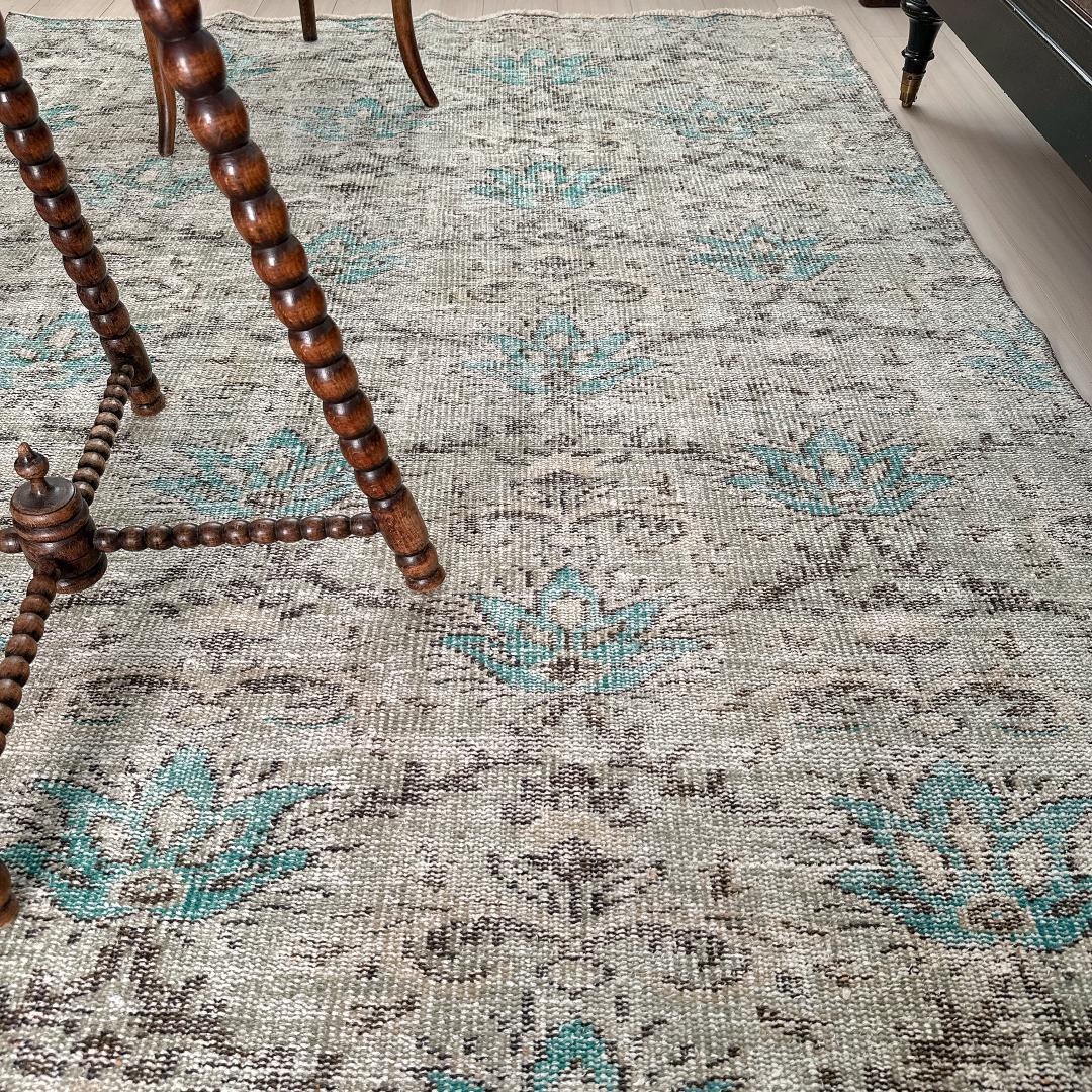 トルコ ヴィンテージラグA106 大判 レア セージグリーン ターコイズブルー