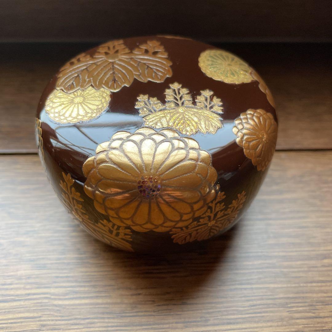 ☆美品『溜塗 菊桐蒔絵 平棗』信広作