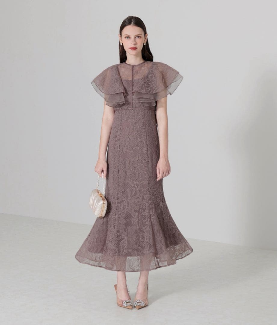 【LEJA】フリル半袖シアーレース花柄刺繍ウエストマークマーメイドワンピース